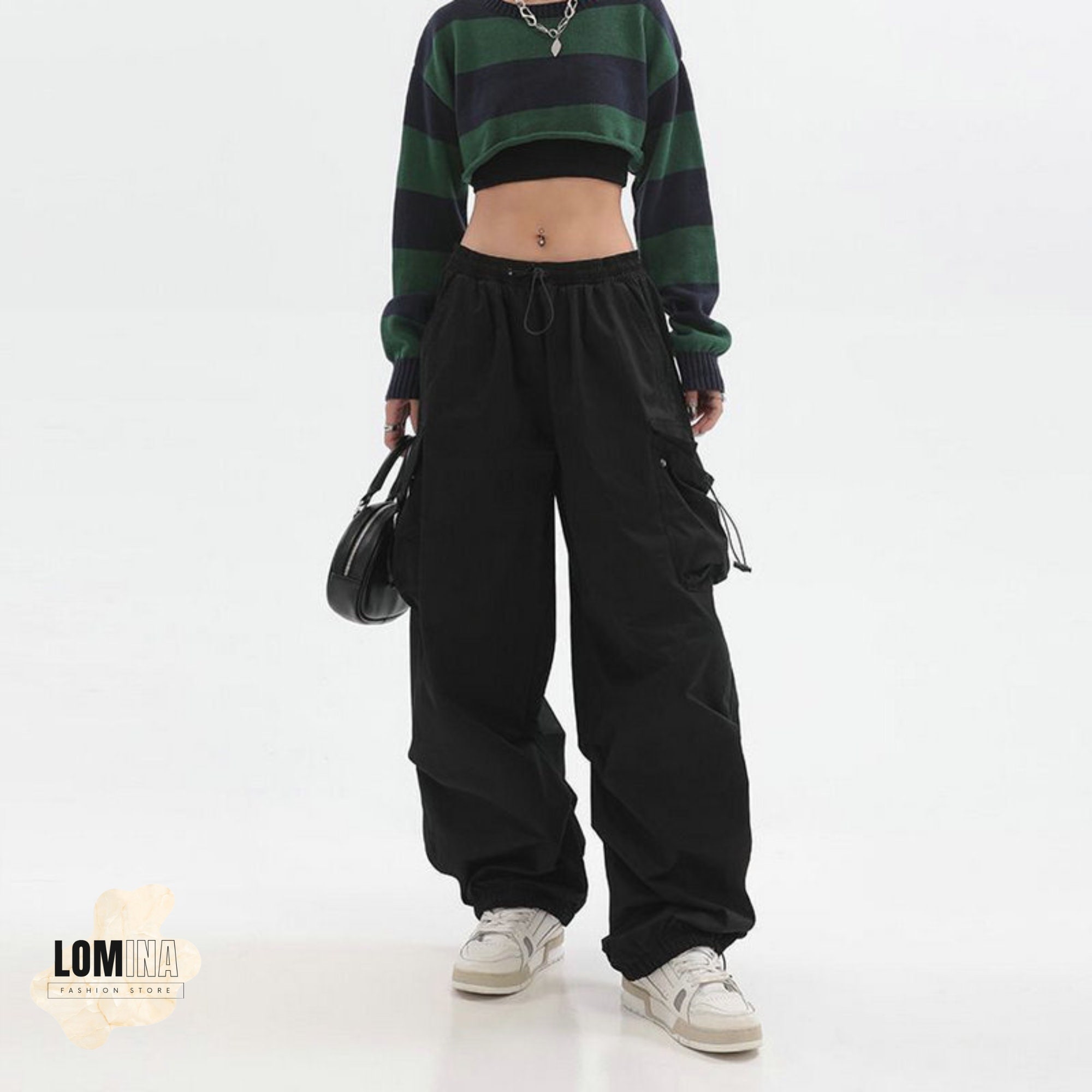 Black Y2K Vintage Style Cargo Pants, Baggy Jeans Women Fashion