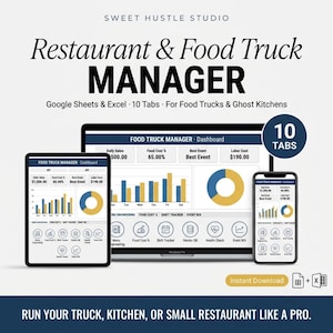 Könnte beinhalten: Ein digitales Verwaltungstool für Restaurants und Imbisswagen, kompatibel mit Google Sheets und Excel. Die Anzeige zeigt ein Dashboard mit Balkendiagrammen, Tortendiagrammen und Navigationssymbolen auf Laptop, Tablet und Smartphone.