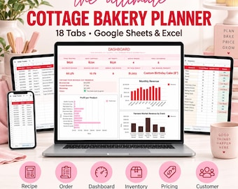 Foglio di calcolo per la pianificazione domestica di Cottage Bakery / Calcolatore dei costi delle ricette, Monitoraggio degli ordini (Fogli Google Excel)