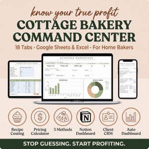 May include: A digital cottage bakery command centre spreadsheet template for Google Sheets and Excel. The display shows a business dashboard, recipe cost calculator, and pricing calculator with charts, graphs, and text labels for home bakers.