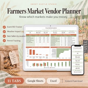 May include: A digital Farmers Market Vendor Planner displayed on a tablet and smartphone screen, featuring a dashboard with financial data, revenue charts, and ROI trackers. The interface includes text labels for event tracking, permit logs, and product sales.