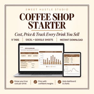 Könnte beinhalten: Eine digitale Tabellenkalkulationsvorlage mit dem Titel Coffee Shop Starter von Sweet Hustle Studio, angezeigt auf einem Laptop- und Tablet-Bildschirm. Die Benutzeroberfläche enthält ein Mini-Dashboard mit Umsatz-, Ausgaben- und Gewinn-Daten.
