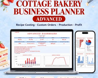 Pianificatore aziendale avanzato per panetteria artigianale, calcolatore dei costi delle ricette, prezzi personalizzati per le torte, compatibile con Fogli Google ed Excel.