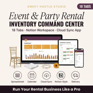 Op de afbeelding: Event & Party Rental Inventory Command Center Notion-werkruimte met 18 tabbladen en cloud-sync-app. Toont een laptop, tablet en smartphone met dashboard- en kalenderinterfaces, naast een gouden stoel, servet, lichtjes en een bloem.