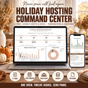 Op de afbeelding: Een digitaal vakantie-hosting commandocentrum weergegeven op een laptop- en smartphonescherm. De interface bevat een dashboard met budget-, gasten- en menutracking, inclusief grafieken en tabellen. De tekst bevat "Holiday Hosting Command Center" en "11 Tabs - Google Sheets & Excel - Thanksgiving & Christmas".