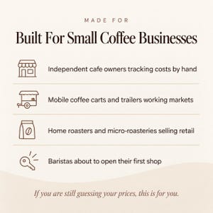 May include: A beige informational graphic titled Made For Built For Small Coffee Businesses. It lists four categories with icons: independent cafe owners, mobile coffee carts, home roasters, and baristas. The text reads: If you are still guessing your prices, this is for you.