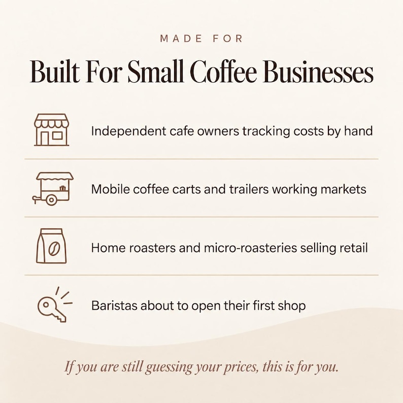 May include: A beige informational graphic titled Made For Built For Small Coffee Businesses. It lists four categories with icons: independent cafe owners, mobile coffee carts, home roasters, and baristas. The text reads: If you are still guessing your prices, this is for you.