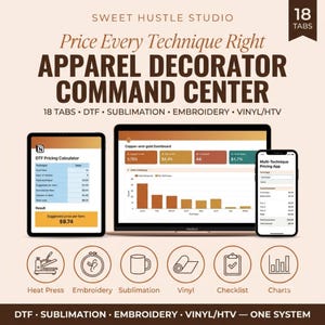 May include: A digital software interface titled Apparel Decorator Command Center by Sweet Hustle Studio, featuring 18 tabs for DTF, sublimation, embroidery, and vinyl. The display shows a tablet, laptop, and smartphone with pricing calculators and data dashboards.