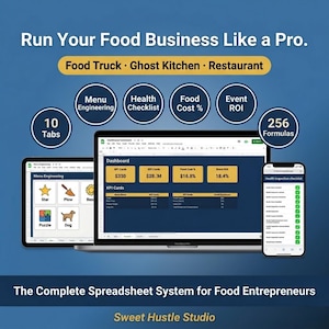 Peut inclure: Image promotionnelle pour les entrepreneurs de l'alimentation, avec un ordinateur portable, une tablette et un smartphone affichant des données de feuille de calcul. Le texte indique "Run Your Food Business Like a Pro." et "The Complete Spreadsheet System for Food Entrepreneurs."
