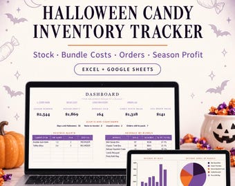 Strumento per il monitoraggio dell'inventario delle caramelle di Halloween / Calcolatore del costo delle scatole di dolcetti (Excel/Fogli Google)