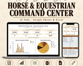 Pianificatore aziendale per cavalli / Foglio di calcolo per scuderia / Strumento di monitoraggio delle lezioni di equitazione in Excel e Google Sheets