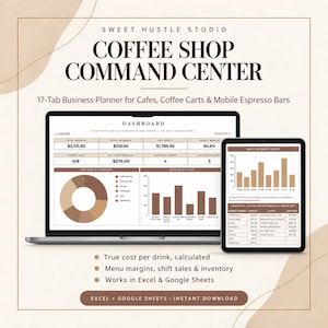 May include: A digital business planner for coffee shops, carts, and espresso bars titled Coffee Shop Command Center. The display shows a dashboard with financial metrics, revenue trends, and expense charts compatible with Excel and Google Sheets.