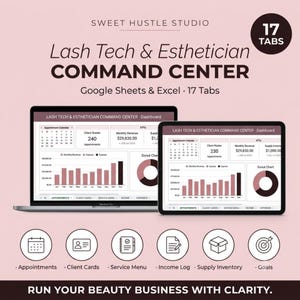 May include: A digital Lash Tech & Esthetician Command Center spreadsheet template for Google Sheets and Excel. The interface displays a dashboard with an appointment calendar, client roster, monthly revenue, and donut charts. Includes 17 tabs.