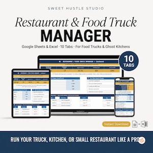 May include: A digital Restaurant & Food Truck Manager dashboard template for Google Sheets and Excel. The display shows financial data, revenue by category, and event calendars across a laptop, tablet, and smartphone screen with 10 tabs.