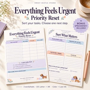 May include: Two white task management worksheets titled Everything Feels Urgent Priority Reset and Sort What Matters. The pages feature purple text, floral accents, and illustrations of a brown dachshund. Includes sections for task lists, deadlines, and delegation.