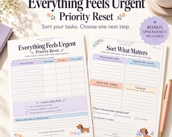 ADHD Priority Planner Worksheets with Eisenhower Matrix Spreadsheet, Color & Low-Ink PDF