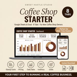 May include: A digital Coffee Shop Starter dashboard for Google Sheets and Excel displayed on a laptop and smartphone. The interface features charts, daily sales, monthly revenue, and startup costs. Includes icons for startup costs, pricing, daily sales, inventory, and goals.