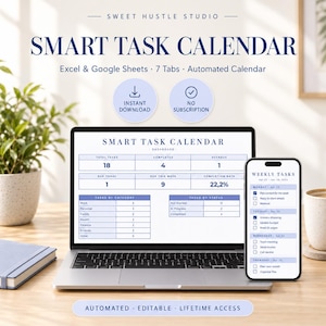 Puede incluir: Un calendario de tareas inteligente digital para Excel y Google Sheets en una pantalla de portátil y smartphone. El panel muestra métricas, categorías y estados de tareas. La pantalla del smartphone muestra una lista de tareas semanales.