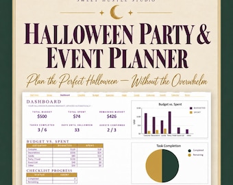 Foglio di calcolo per la pianificazione della festa di Halloween / Monitoraggio del budget, lista degli invitati, calcolatore di caramelle / Excel Google Sheets