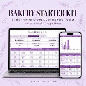 Puede incluir: Un kit de inicio para panadería en formato de hoja de cálculo digital mostrado en una laptop y un smartphone. La interfaz presenta un panel con pestañas para precios, pedidos y un rastreador de alimentos caseros, compatible con Excel y Google Sheets.