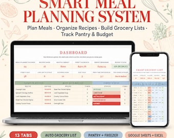 Foglio di calcolo per la pianificazione dei pasti, compatibile con Google Sheets ed Excel, con lista della spesa e indicatore delle scorte in dispensa.
