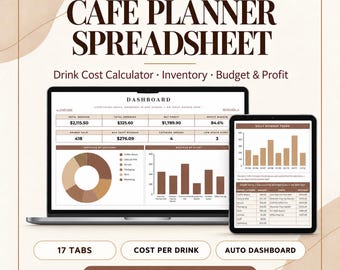 Cafe Planner Spreadsheet | Coffee Shop Business Planner, Drink Cost Calculator & Inventory Tracker | Excel Google Sheets