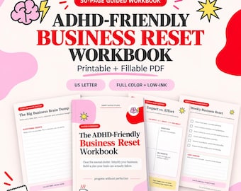 Quaderno di lavoro per il riavvio aziendale in caso di ADHD, PDF stampabile e compilabile, agenda per imprenditori di 50 pagine, a colori e a basso consumo di inchiostro.