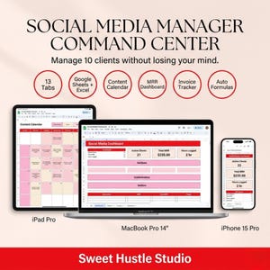 Könnte beinhalten: Werbung für ein Social-Media-Management-Tool. Das Bild zeigt ein iPad Pro, ein MacBook Pro 14" und ein iPhone 15 Pro, die Dashboards und Kalender anzeigen. Der Text enthält "Social Media Manager Command Center" und "Verwalten Sie 10 Kunden, ohne den Verstand zu verlieren."