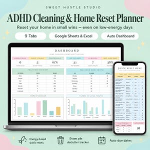 Könnte beinhalten: Ein digitaler ADHD-Reinigungs- und Haushaltsplaner auf einem Laptop- und Smartphone-Bildschirm. Die Benutzeroberfläche zeigt ein Dashboard mit Tabellen, Diagrammen und einem Schnell-Reset-Menü, das nach Energielevel und Aufgaben sortiert ist.
