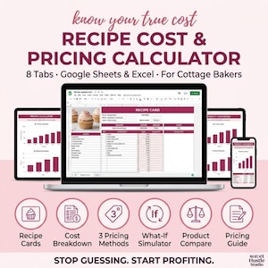 May include: A digital recipe cost and pricing calculator displayed on a laptop, tablet, and smartphone. The image includes the text "RECIPE COST & PRICING CALCULATOR" and "STOP GUESSING. START PROFITING."