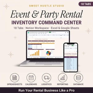 May include: A digital Event & Party Rental Inventory Command Center Notion workspace, Excel, and Google Sheets template displayed on a laptop and smartphone, featuring 18 tabs, data tables, bar charts, pie charts, and an availability calendar.