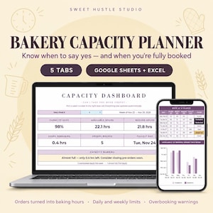 May include: A digital bakery capacity planner displayed on a laptop and smartphone screen. The interface features a capacity dashboard with metrics for available hours, booked hours, and order status, including text labels like Bakery Capacity Planner.
