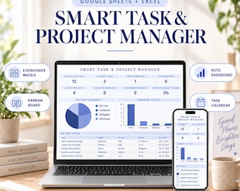 Foglio di calcolo intelligente per il monitoraggio delle attività / Pianificatore di progetti, lavagna Kanban, matrice di Eisenhower (download digitale)