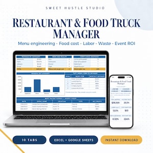Peut inclure: Un ordinateur portable et un smartphone affichant l'interface du logiciel Restaurant & Food Truck Manager. Les écrans présentent des tableaux de données sur les revenus, la santé du menu, la conformité et les profits. Texte : Sweet Hustle Studio, 10 Tabs, Excel + Google Sheets, Instant Download.