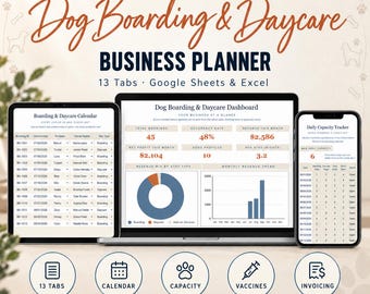 Scheda di gestione per la pensione dei cani / Pianificatore aziendale per l'asilo diurno / Modello Excel per pet sitter / Sistema di gestione per canili
