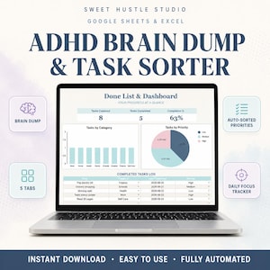 May include: A laptop screen displaying an ADHD Brain Dump & Task Sorter spreadsheet for Google Sheets and Excel. The interface features a Done List & Dashboard with task metrics, a bar chart, a pie chart, and a completed tasks log table.