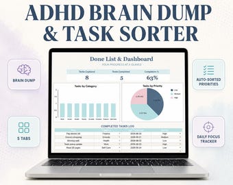 Foglio di calcolo per la gestione delle attività e l'analisi dei pensieri relativi all'ADHD: matrice di priorità con ordinamento automatico (download digitale)
