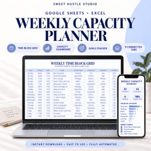 May include: A digital weekly capacity planner for Google Sheets and Excel displayed on a laptop screen and a smartphone. The interface features a time block grid, capacity dashboard, and goals tracker with blue text on a white background.