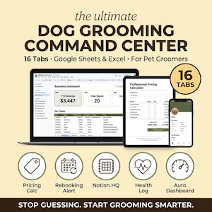 Op de afbeelding: De digitale sjabloon Ultimate Dog Grooming Command Center voor Google Sheets en Excel bevat 16 tabbladen, een zakelijk dashboard, prijscalculator en klantbeheer. Inclusief iconen voor prijsberekening, herboekingsmeldingen en gezondheidslogboeken.