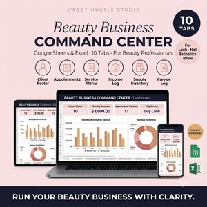 May include: A digital Beauty Business Command Center spreadsheet template for Google Sheets and Excel, displayed on a laptop, tablet, and smartphone. The dashboard features charts, revenue tracking, and tabs for client rosters, appointments, and inventory.