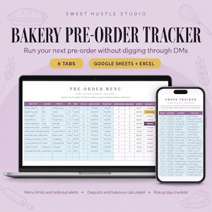 Op de afbeelding: Een digitale sjabloon voor het bijhouden van bakkerij-pre-orders, weergegeven op een laptop- en smartphonescherm. De interface bevat kolommen voor menu-items, categorieën, smaken, prijzen, hoeveelheden en omzet. Tekst: Sweet Hustle Studio, 6 Tabs, Google Sheets + Excel, Order Tracker.