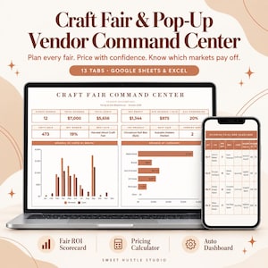 Puede incluir: Una plantilla de hoja de cálculo digital Craft Fair & Pop-Up Vendor Command Center mostrada en la pantalla de una computadora portátil y un teléfono inteligente. La interfaz presenta tablas de datos, gráficos y métricas.