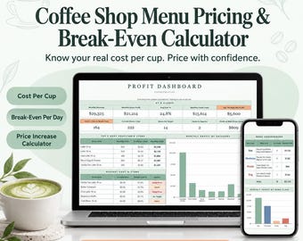 Calcolatore dei prezzi per bar / Foglio di calcolo del costo delle bevande / Punto di pareggio per bar / Modello di profitto per il menù / Costo per tazza / Fogli Google Excel
