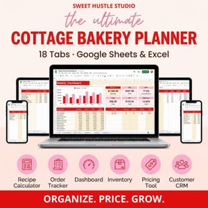 Peut inclure: Un planificateur numérique de boulangerie artisanale pour Google Sheets et Excel affiché sur un ordinateur portable et deux smartphones. L'écran montre un tableau de bord avec des graphiques, des revenus et des bénéfices. Six icônes roses.