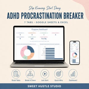 Peut inclure: Un outil numérique de gestion de la procrastination TDAH pour Google Sheets et Excel affiché sur un écran d'ordinateur portable et de smartphone. L'interface présente un tableau de bord de progression avec des graphiques, des indicateurs de tâches et cinq icônes circulaires nommées Stuck Tasks, Break It Down, Just Start, Quick Wins et Dashboard.