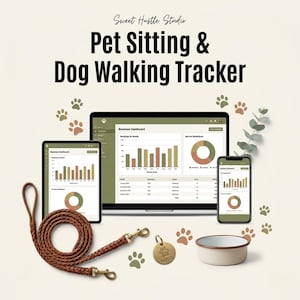 Puede incluir: Un rastreador digital de cuidado de mascotas y paseo de perros en una laptop, tableta y teléfono, con paneles de control, gráficos de barras y circulares. Incluye una correa trenzada marrón, una placa metálica redonda y un cuenco.