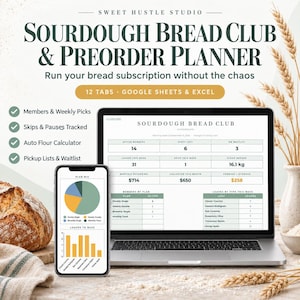 May include: A digital sourdough bread club and preorder planner displayed on a laptop and smartphone screen. The interface shows data tables for members, loaves, and waitlists, with a pie chart and bar graph for tracking subscription metrics.