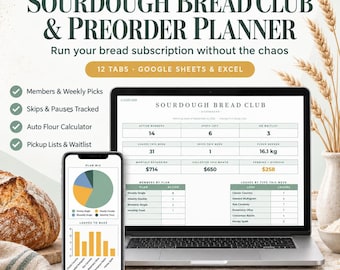 Foglio di calcolo per attività di panificazione con lievito madre / Monitoraggio degli abbonamenti al pane / Pianificatore di preordini e ritiri per microbirrifici / Fogli Google Excel