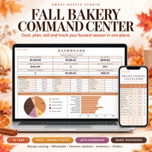 Puede incluir: Una hoja de cálculo digital Fall Bakery Command Center mostrada en la pantalla de una computadora portátil y un teléfono inteligente. El panel muestra datos financieros, categorías de ingresos, seguimiento de gastos y una calculadora.