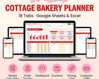 Cottage Bakery Business Planner Spreadsheet, Recipe Cost Calculator, Order Tracker for Home Bakers, Google Sheets